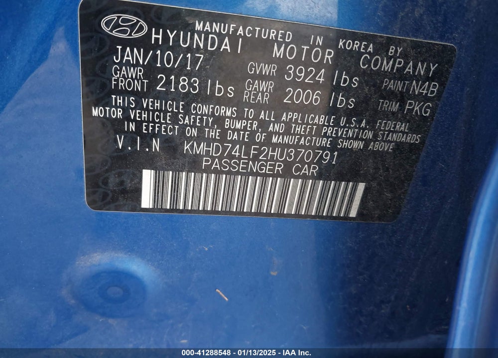 2017 HYUNDAI ELANTRA SE VIN: KMHD74LF2HU370791