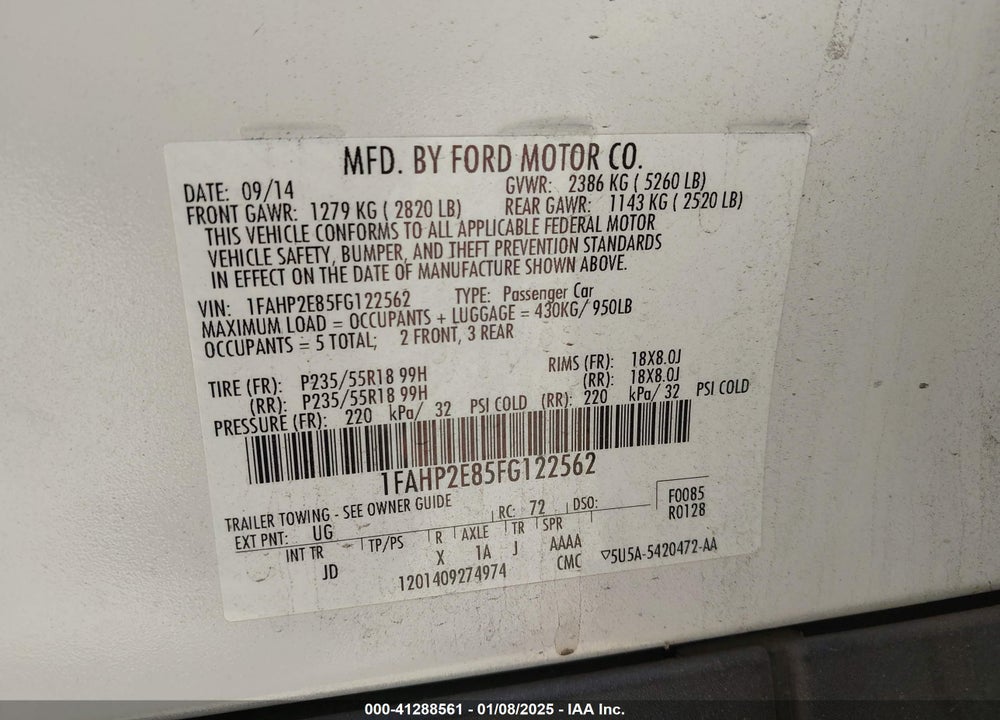 2015 FORD TAURUS VIN: 1FAHP2E85FG122562