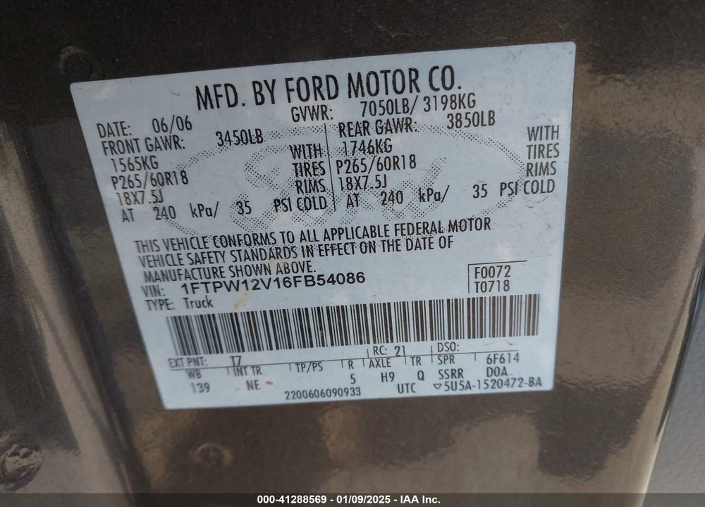 2006 FORD F-150 LARIAT/XLT VIN: 1FTPW12V16FB54086