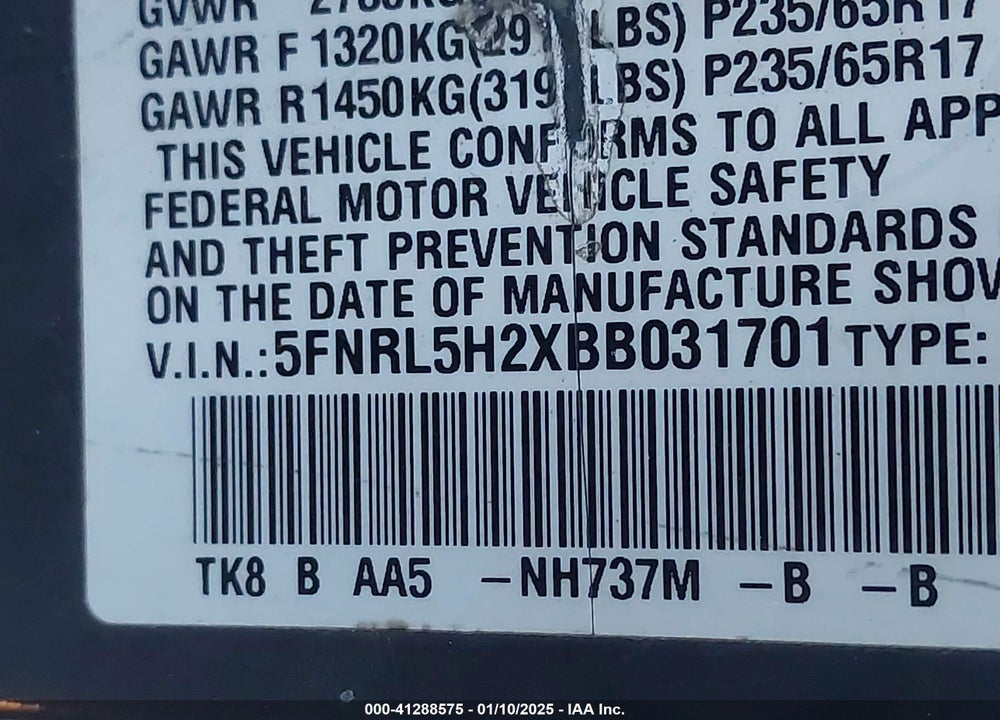 2011 HONDA ODYSSEY LX VIN: 5FNRL5H2XBB031701
