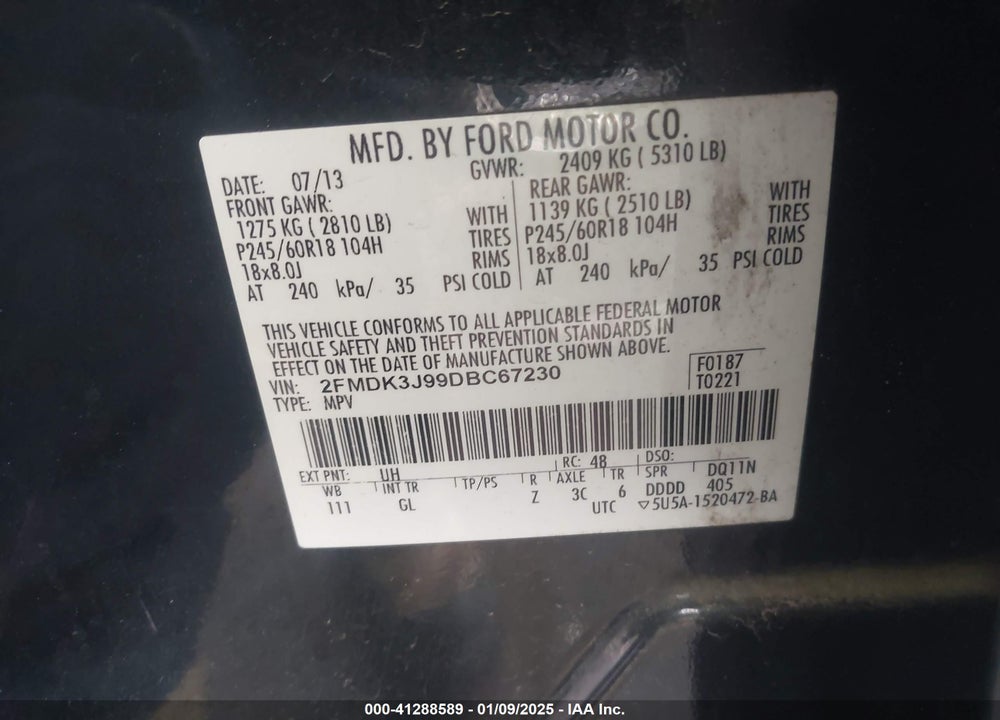 2013 FORD EDGE SEL VIN: 2FMDK3J99DBC67230