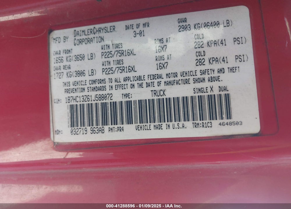 2001 DODGE RAM 1500 ST VIN: 1B7HC13Z61J588072
