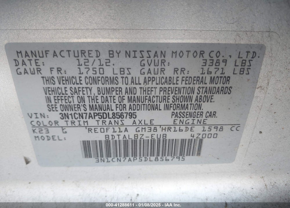 2013 NISSAN VERSA 1.6 SV VIN: 3N1CN7AP5DL856795