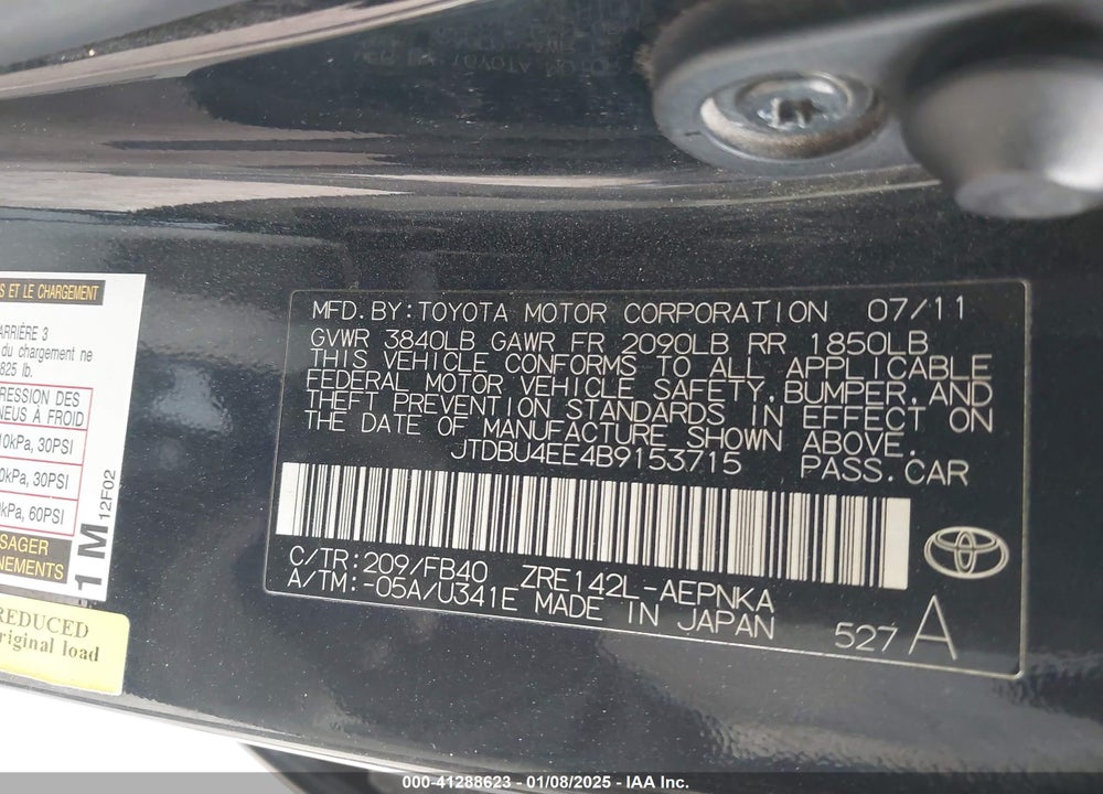 2011 TOYOTA COROLLA VIN: JTDBU4EE4B9153715
