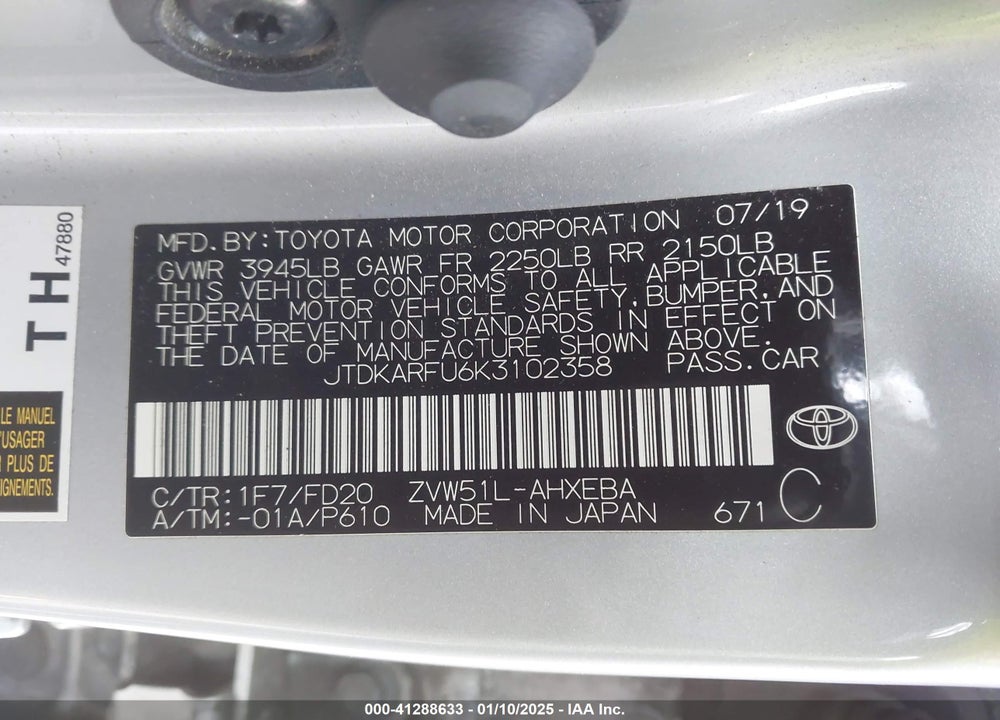 2019 TOYOTA PRIUS VIN: JTDKARFU6K3102358