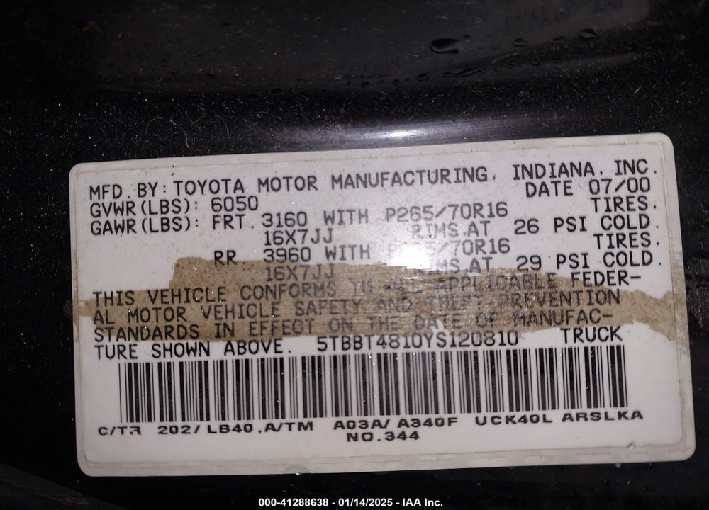 2000 TOYOTA TUNDRA LTD V8 VIN: 5TBBT4810YS120810