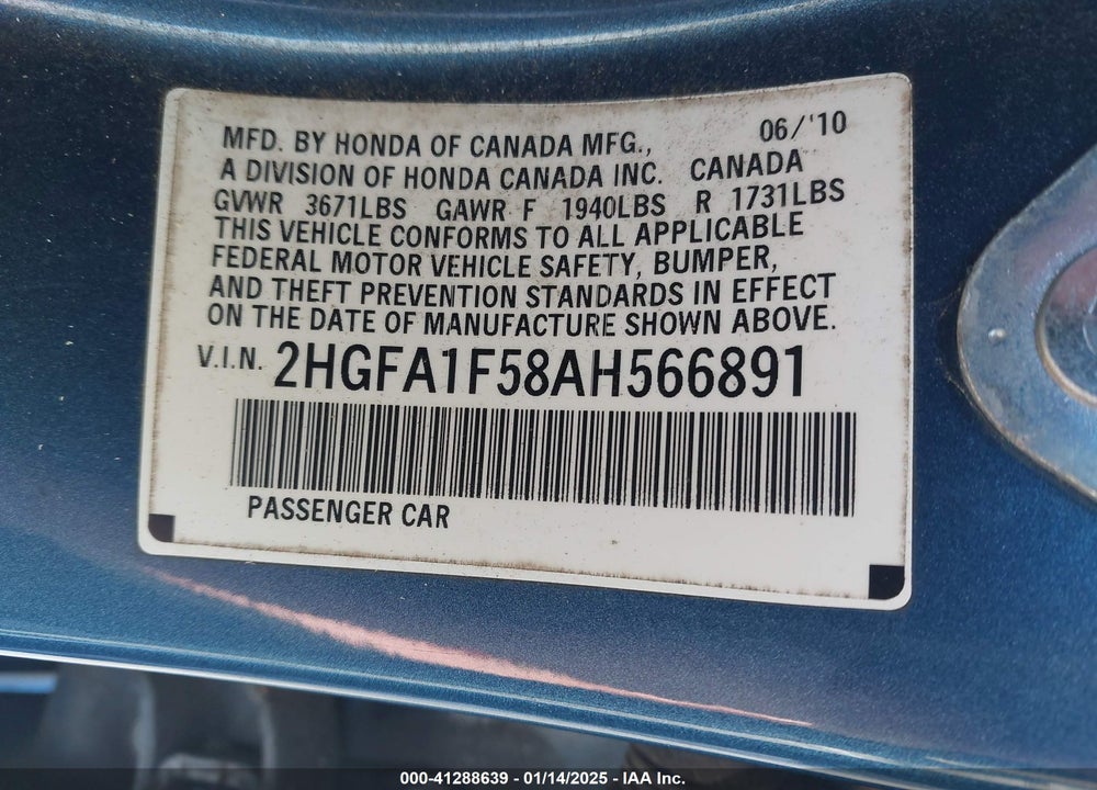 2010 HONDA CIVIC VIN: 2HGFA1F58AH566891