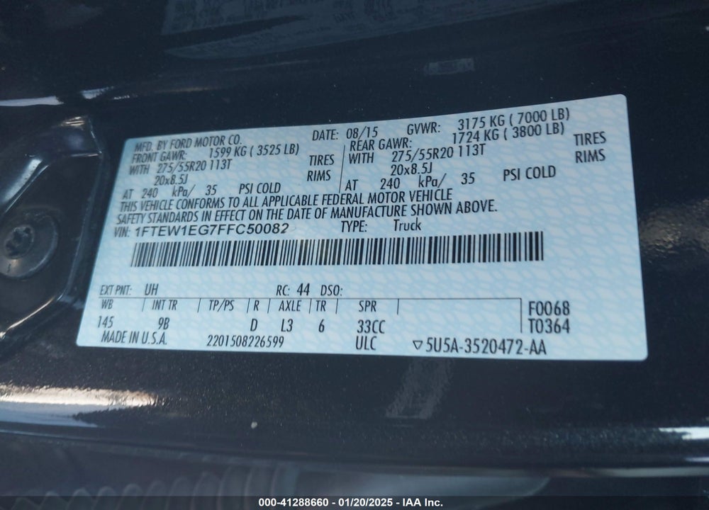 2015 FORD F150 VIN: 1FTEW1EG7FFC50082