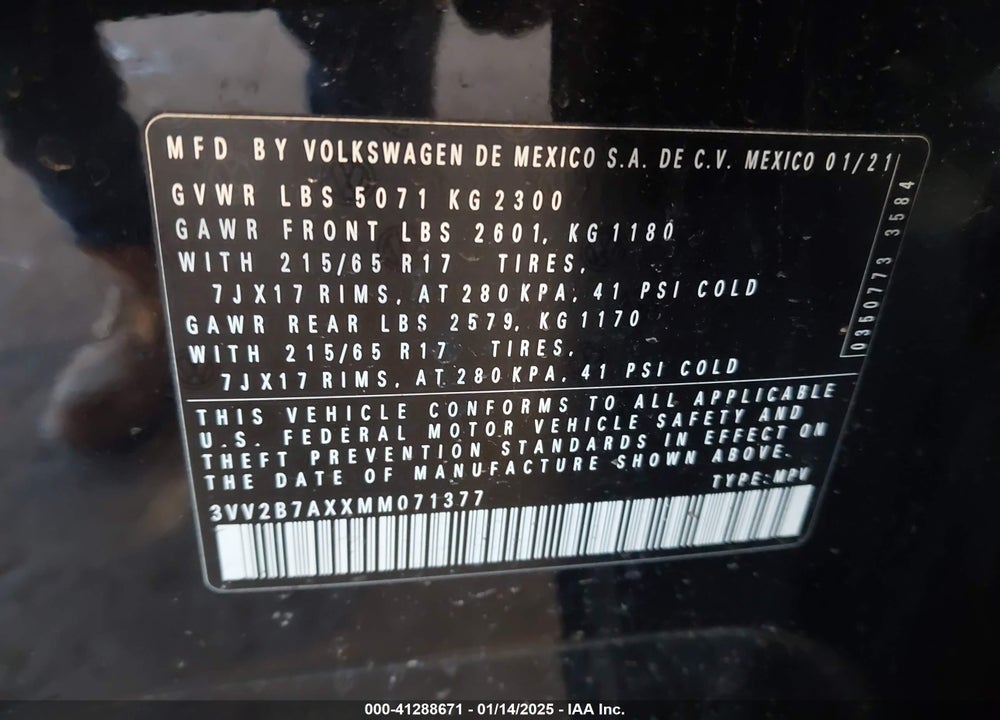 2021 VOLKSWAGEN TIGUAN 2.0T SE/2.0T SE R-LINE BLACK/2.0T SEL VIN: 3VV2B7AXXMM071377