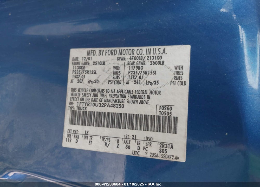 2002 FORD RANGER EDGE/XL/XLT VIN: 1FTYR10U32PA48250