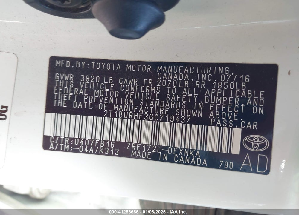 2016 TOYOTA COROLLA VIN: 2T1BURHE3GC719437