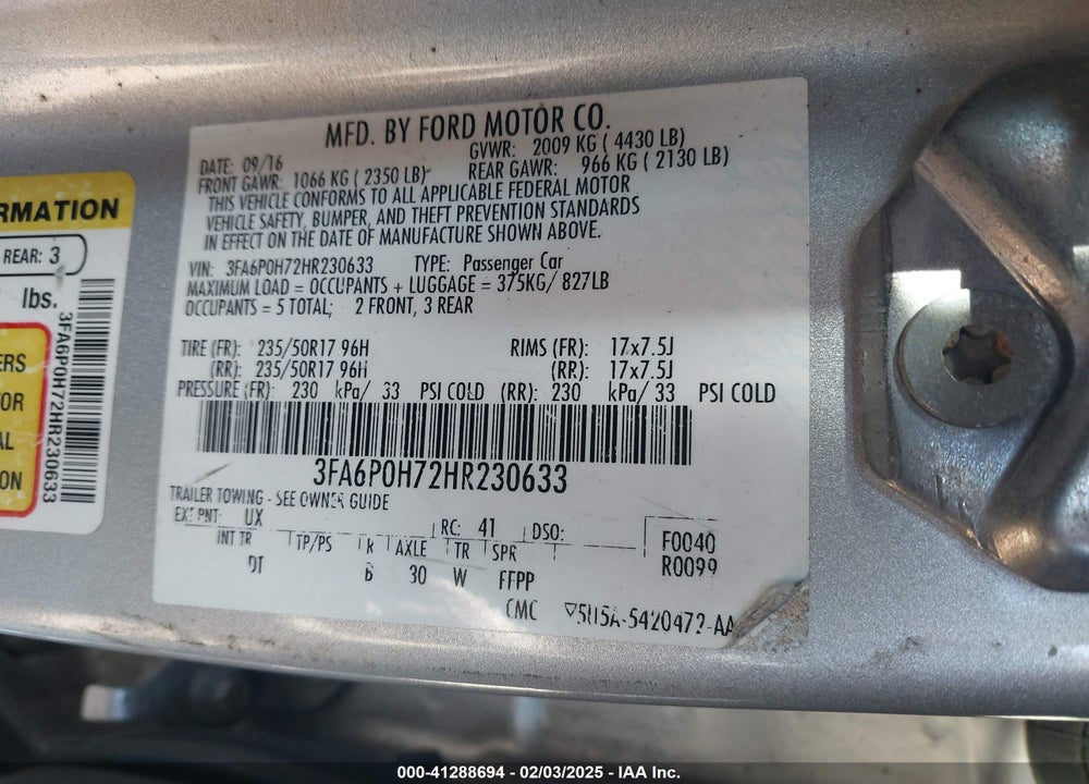 2017 FORD FUSION VIN: 3FA6P0H72HR230633