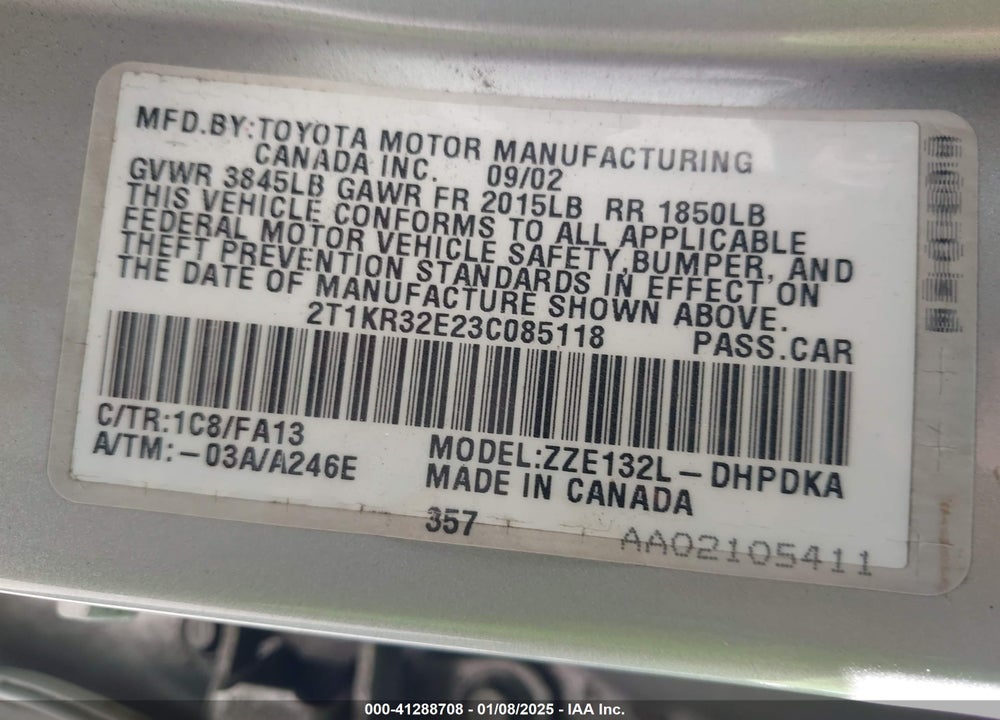 2003 TOYOTA MATRIX STANDARD VIN: 2T1KR32E23C085118
