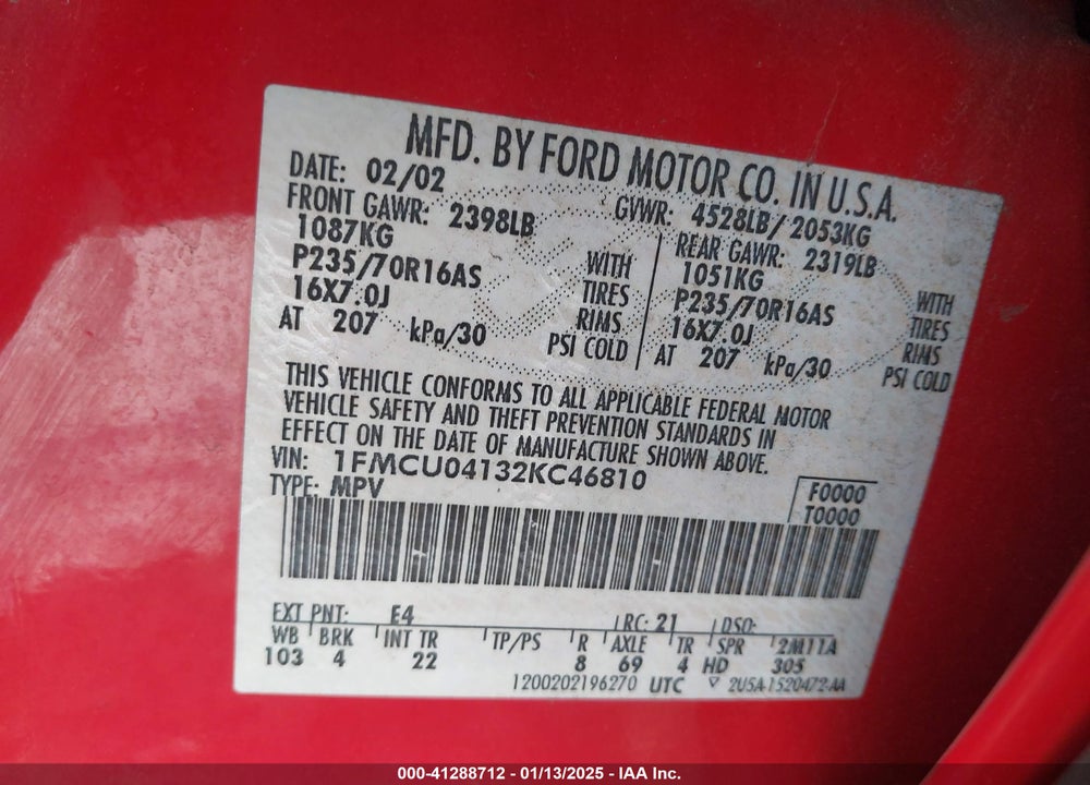 2002 FORD ESCAPE XLT VIN: 1FMCU04132KC46810