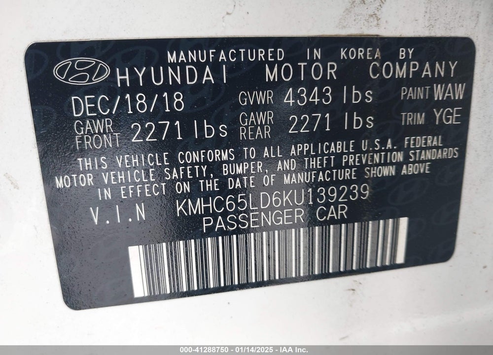 2019 HYUNDAI IONIQ PLUG-IN HYBRID VIN: KMHC65LD6KU139239