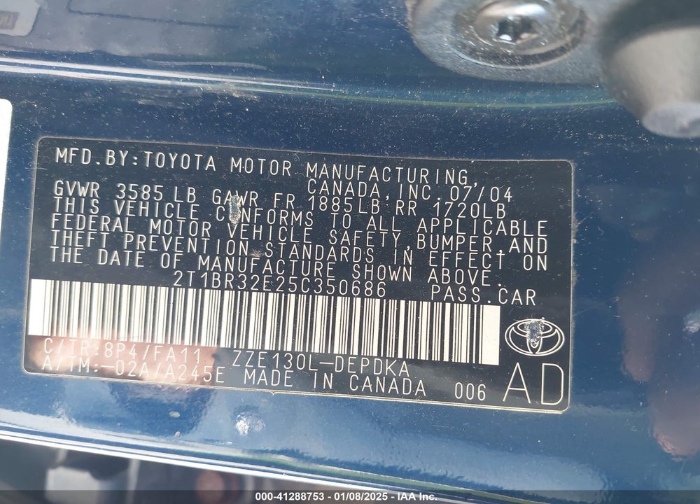 2005 TOYOTA COROLLA CE VIN: 2T1BR32E25C350686