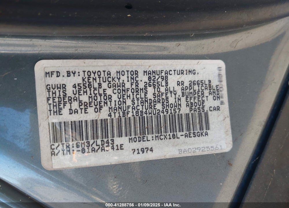 1998 TOYOTA AVALON XLS VIN: 4T1BF18B4WU249157