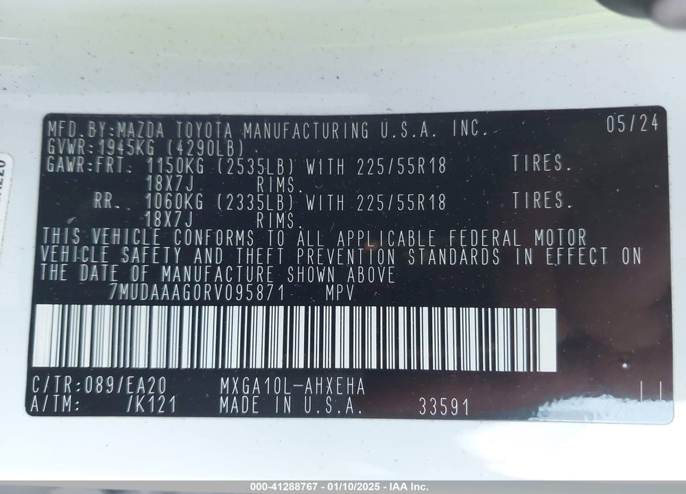 2024 TOYOTA COROLLA CROSS XLE VIN: 7MUDAAAG0RV095871
