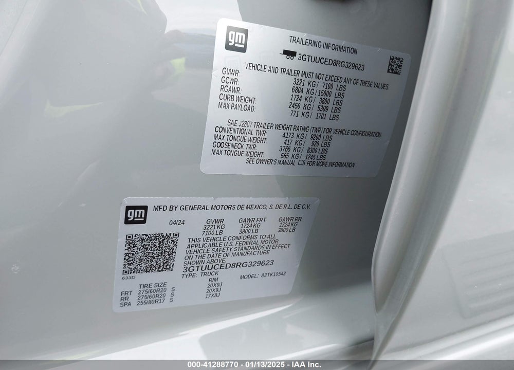2024 GMC SIERRA 1500 VIN: 3GTUUCED8RG329623