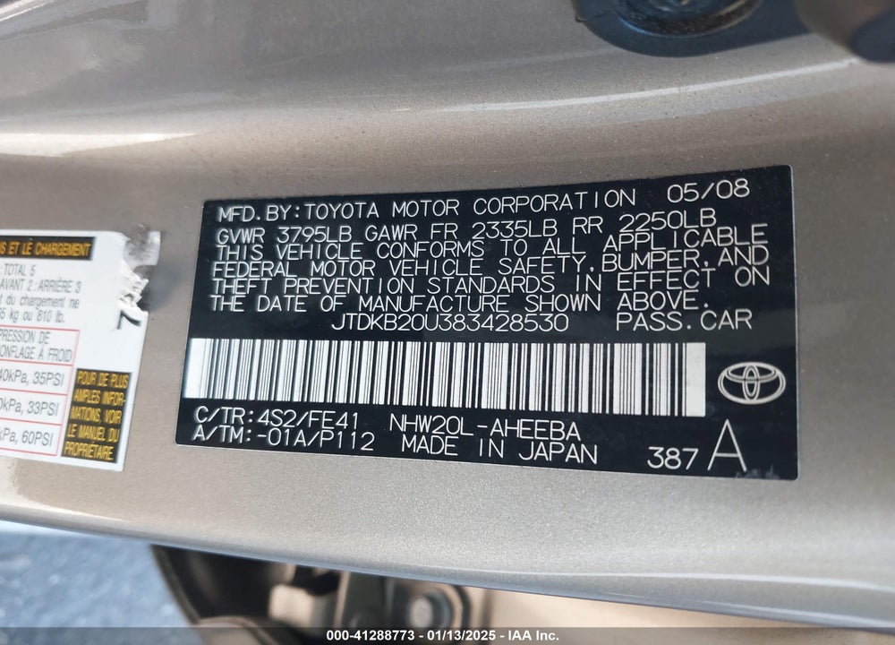 2008 TOYOTA PRIUS VIN: JTDKB20U383428530