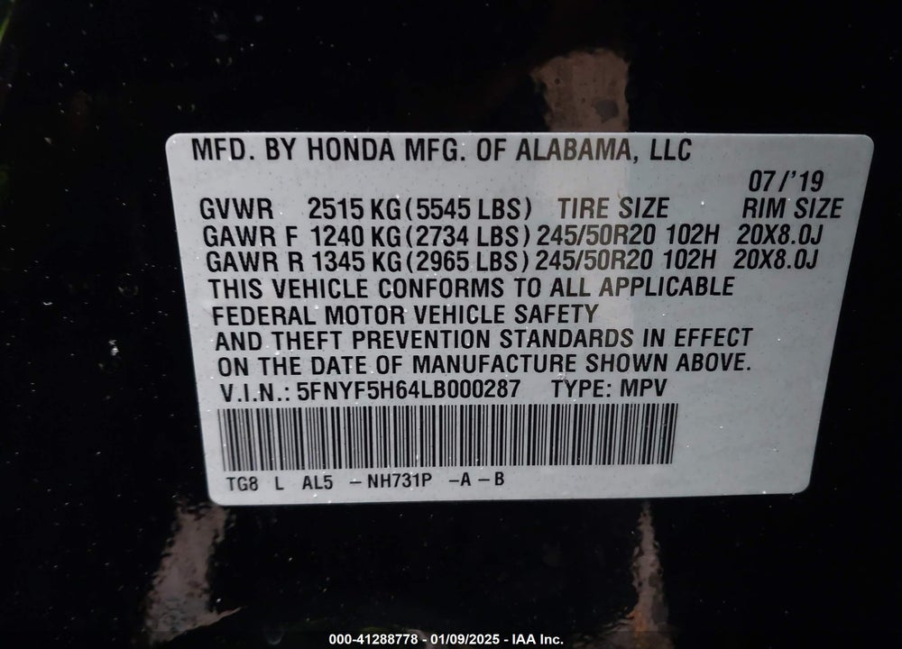 2020 HONDA PILOT 2WD TOURING 7 PASSENGER VIN: 5FNYF5H64LB000287