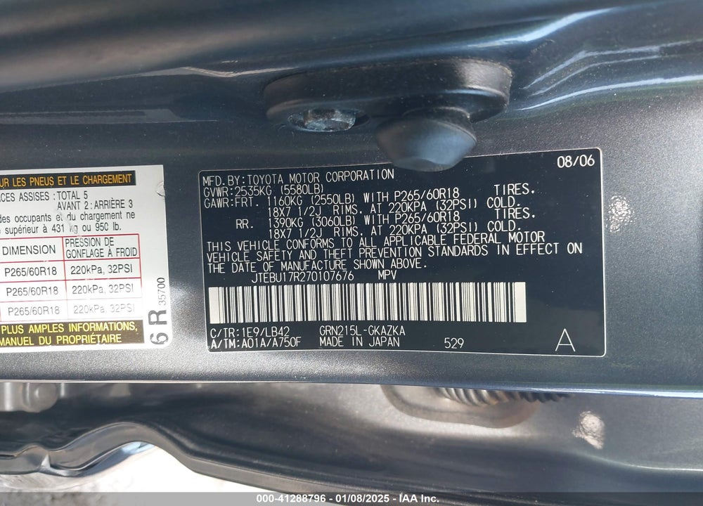 2007 TOYOTA 4RUNNER LIMITED V6 VIN: JTEBU17R270107676