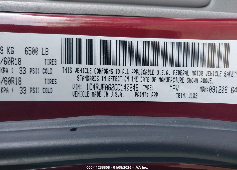 2012 JEEP GRAND CHEROKEE LAREDO VIN: 1C4RJFAG2CC140248