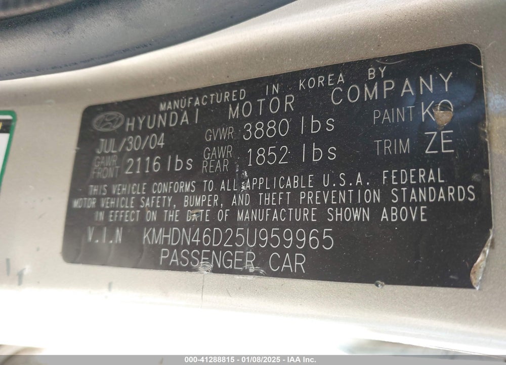 2005 HYUNDAI ELANTRA GLS/GT VIN: KMHDN46D25U959965