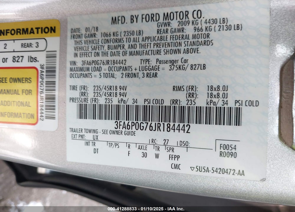 2018 FORD FUSION VIN: 3FA6P0G76JR184442