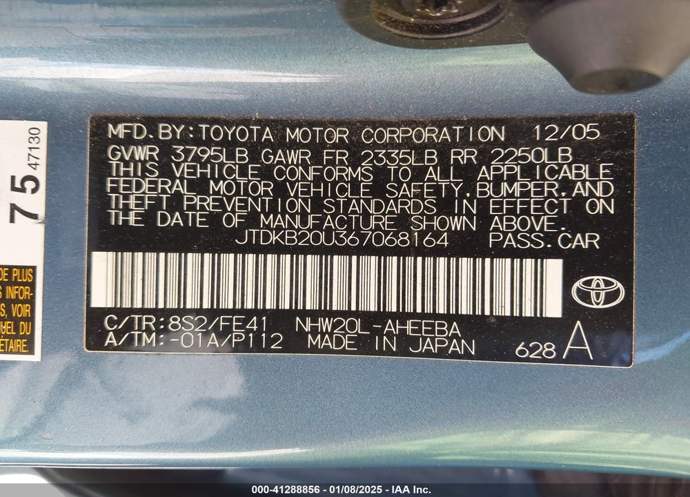 2006 TOYOTA PRIUS VIN: JTDKB20U367068164