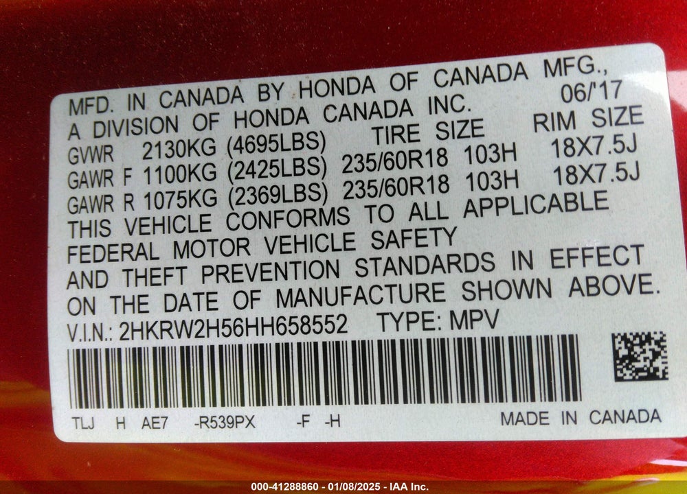 2017 HONDA CR-V EX VIN: 2HKRW2H56HH658552