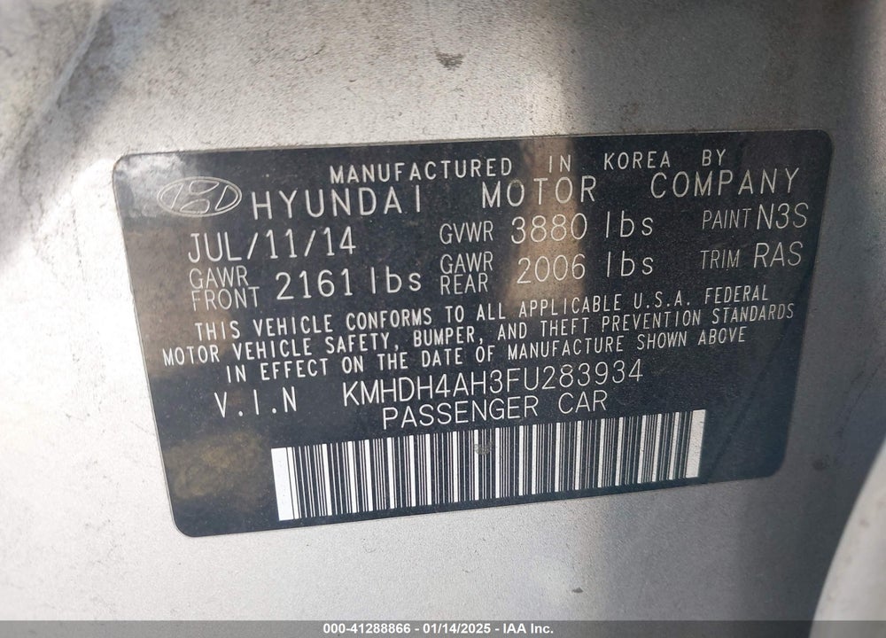 2015 HYUNDAI ELANTRA VIN: KMHDH4AH3FU283934