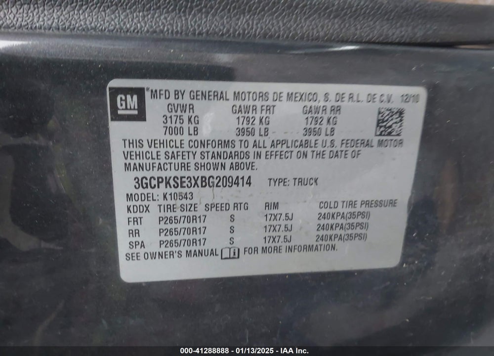 2011 CHEVROLET SILVERADO 1500 LT VIN: 3GCPKSE3XBG209414