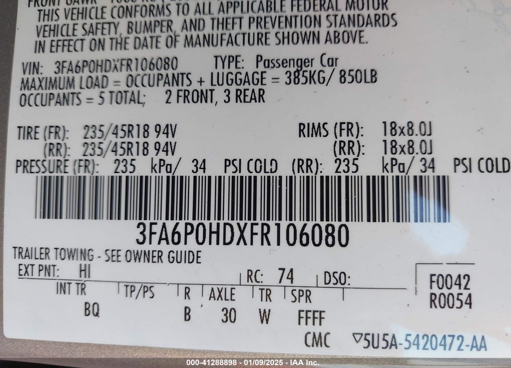 2015 FORD FUSION VIN: 3FA6P0HDXFR106080