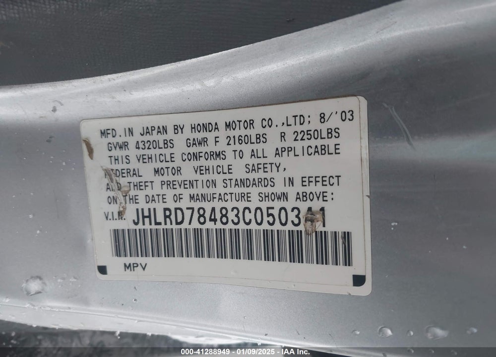 2003 HONDA CR-V LX VIN: JHLRD78483C050341