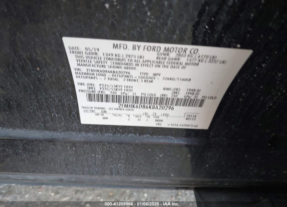 2019 FORD FLEX LIMITED VIN: 2FMHK6D86KBA20296