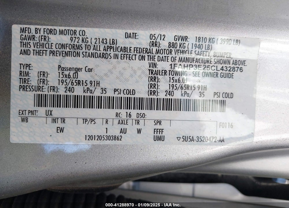 2012 FORD FOCUS VIN: 1FAHP3E25CL432876