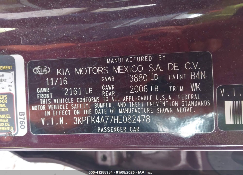 2017 KIA FORTE VIN: 3KPFK4A77HE082478