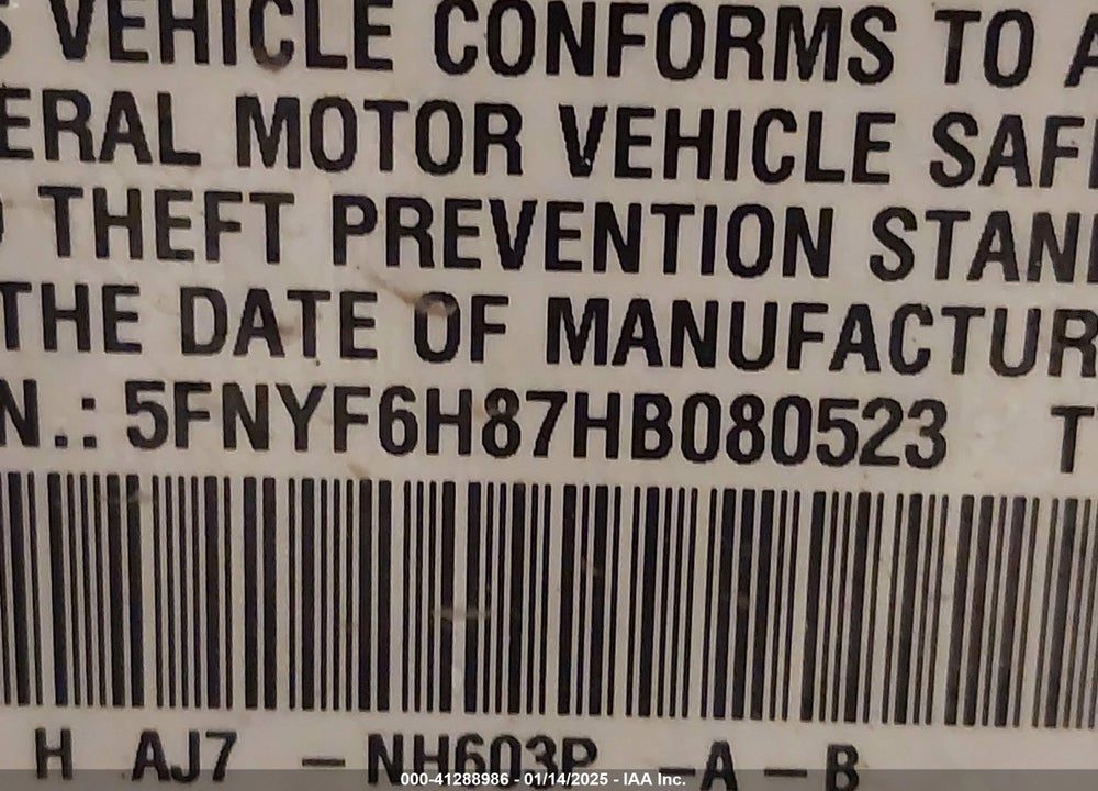 2017 HONDA PILOT EX-L VIN: 5FNYF6H87HB080523