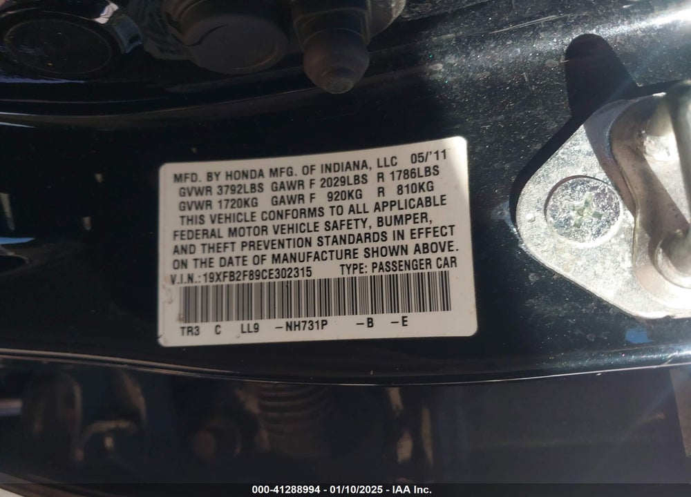 2012 HONDA CIVIC VIN: 19XFB2F89CE302315