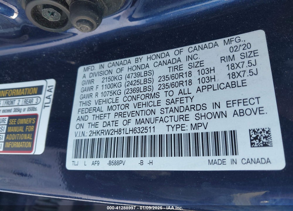 2020 HONDA CR-V AWD EX-L VIN: 2HKRW2H81LH632511