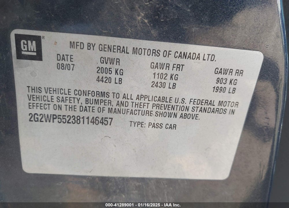 2008 PONTIAC GRAND PRIX VIN: 2G2WP552381146457
