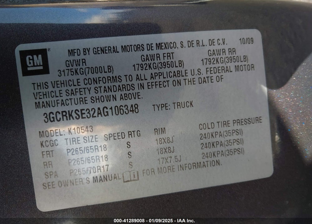 2010 CHEVROLET SILVERADO 1500 LT VIN: 3GCRKSE32AG106348