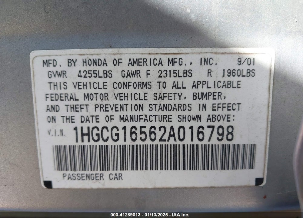 2002 HONDA ACCORD 3.0 EX VIN: 1HGCG16562A016798
