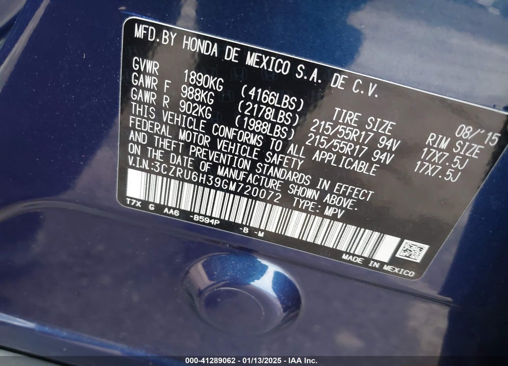2016 HONDA HR-V LX VIN: 3CZRU6H39GM720072