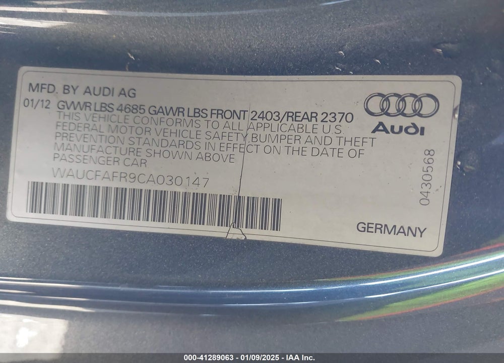 2012 AUDI A5 VIN: WAUCFAFR9CA030147