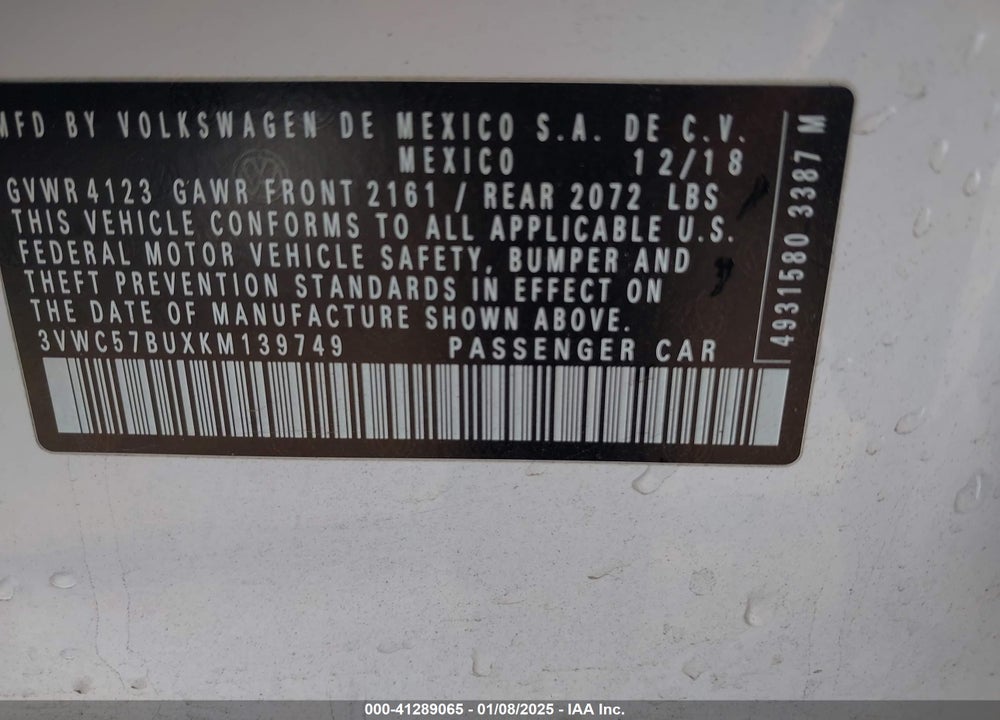 2019 VOLKSWAGEN JETTA VIN: 3VWC57BUXKM139749