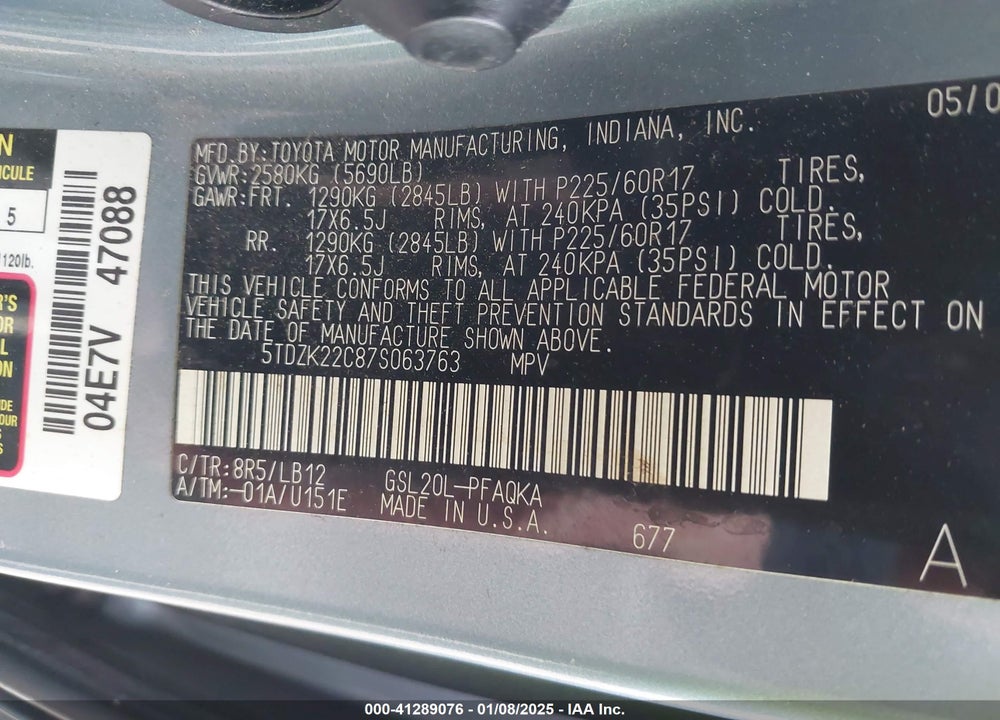 2007 TOYOTA SIENNA XLE LIMITED VIN: 5TDZK22C87S063763
