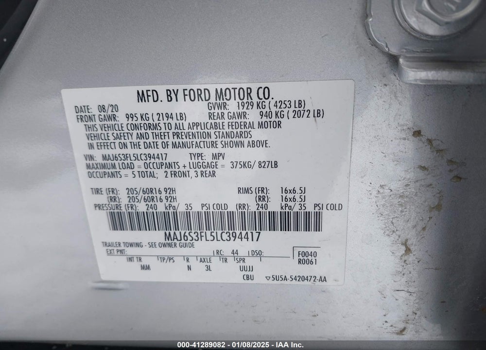 2020 FORD ECOSPORT S VIN: MAJ6S3FL5LC394417