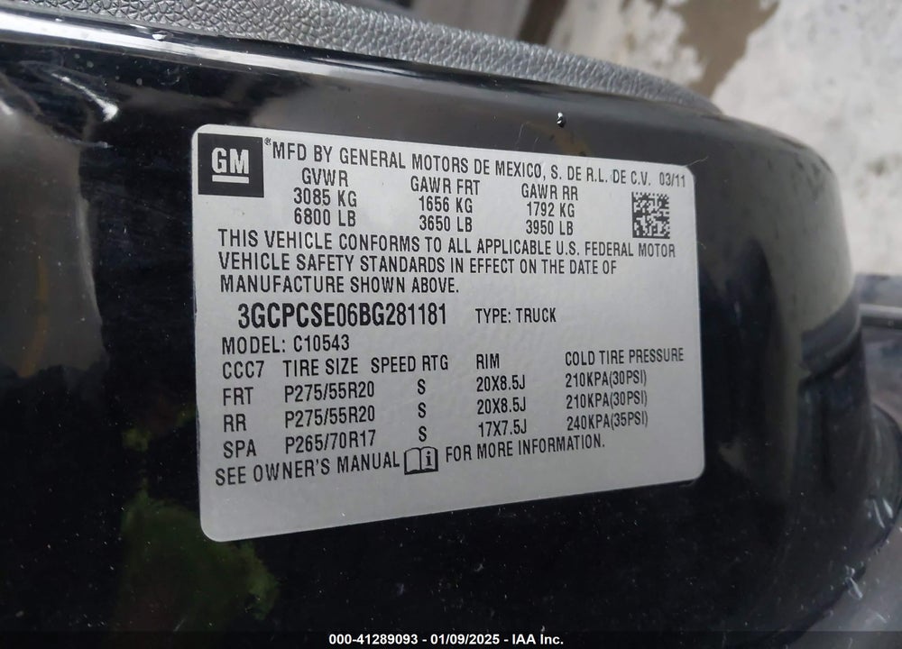 2011 CHEVROLET SILVERADO 1500 LT VIN: 3GCPCSE06BG281181